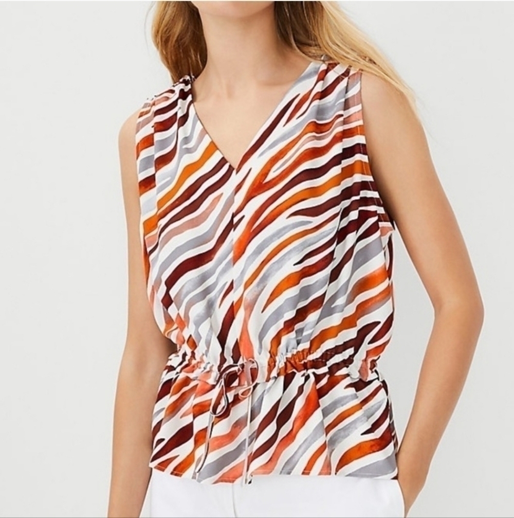 Ann Taylor Zebra Stripe Gathered Tie Waist Top Sz XS
